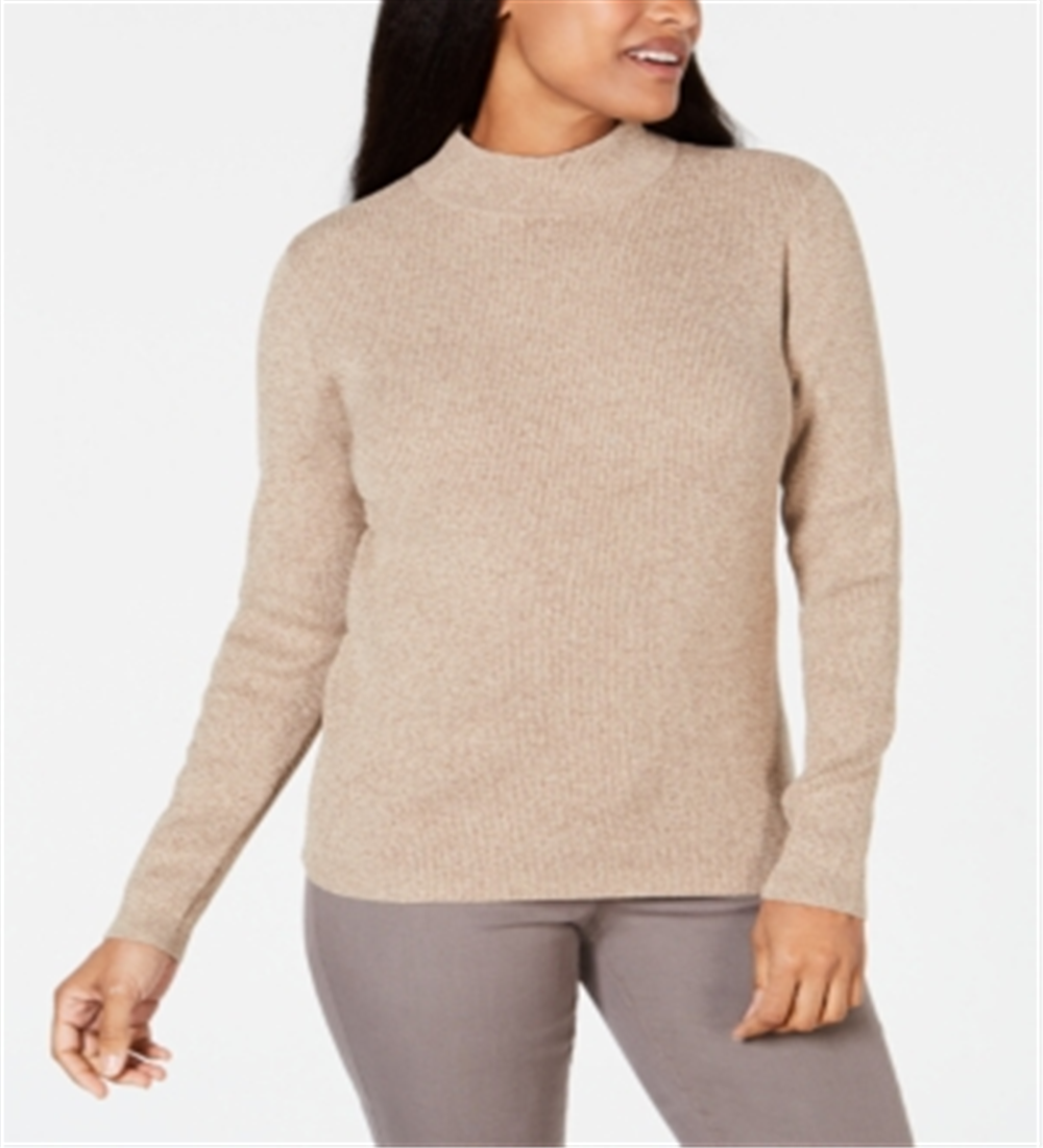 Karen Scott Women's Ribbed Knit Cotton Turtleneck Sweater Brown Size Petite