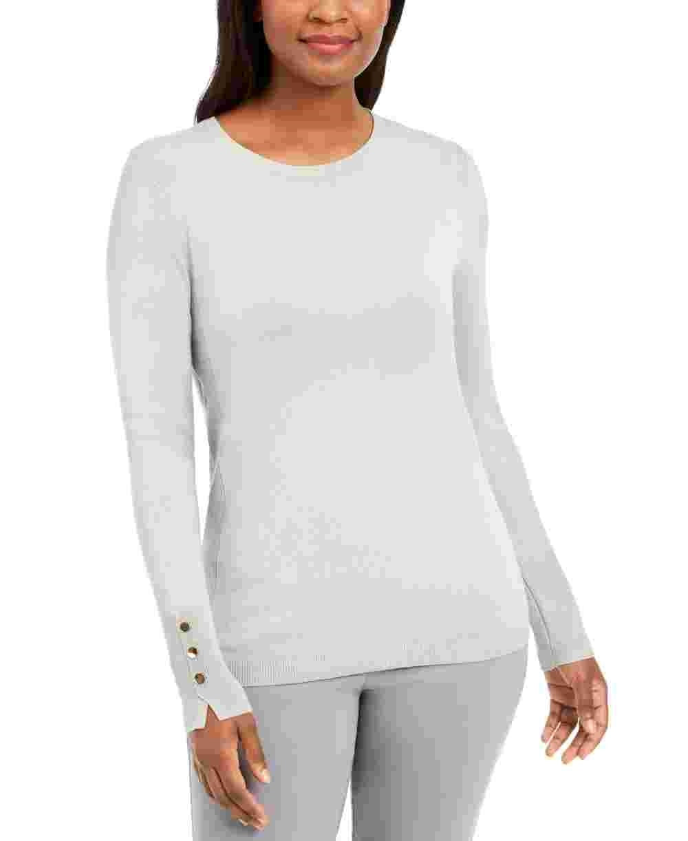 JM Collection Women's Button Cuff Crewneck Sweater  White Size Medium