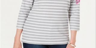 Karen Scott Women's Floral Striped Boat Neck Top Navy Floral Size Petite S