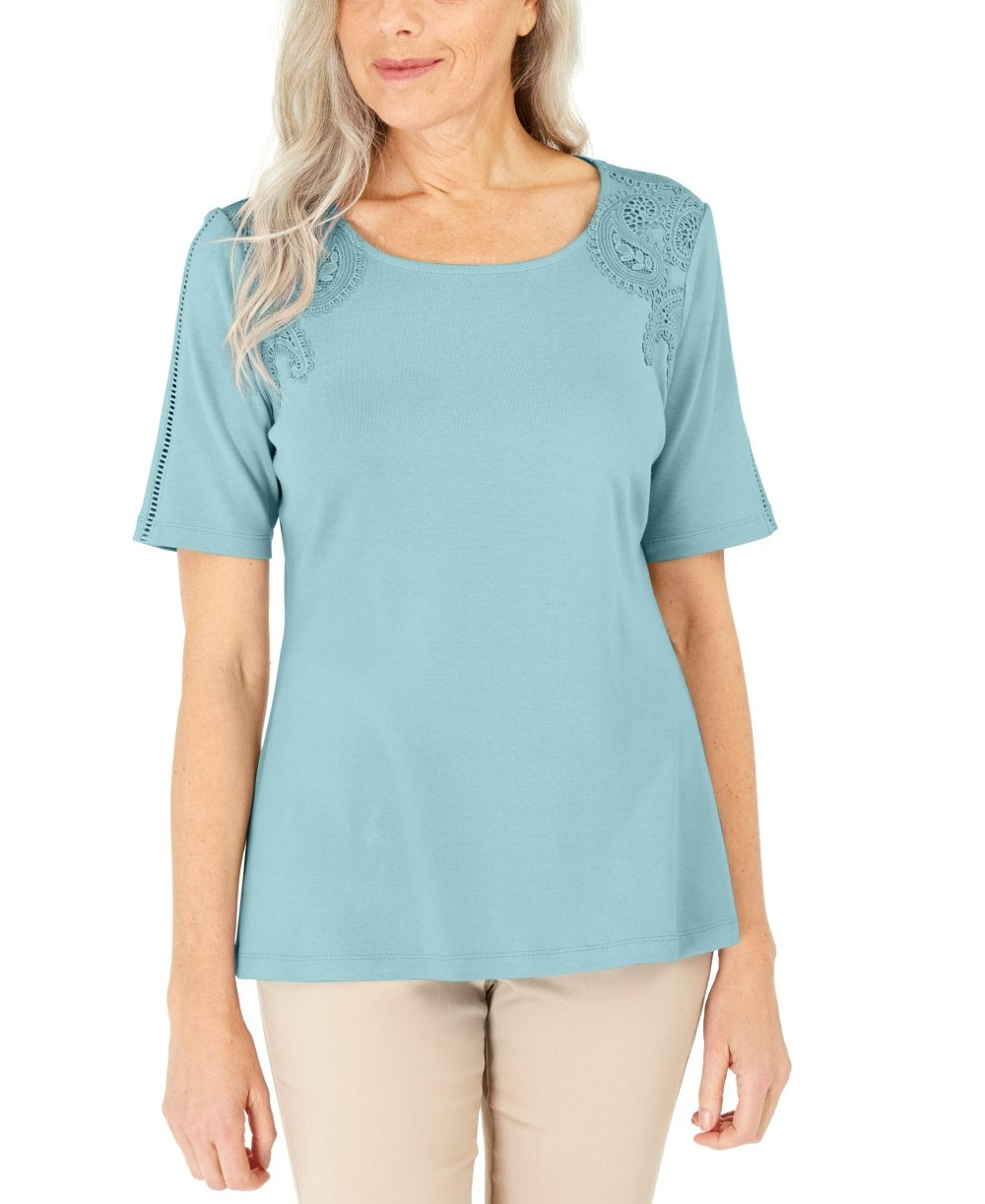 Karen Scott Women's Cotton Crochet Front Top Blue Size X-Small