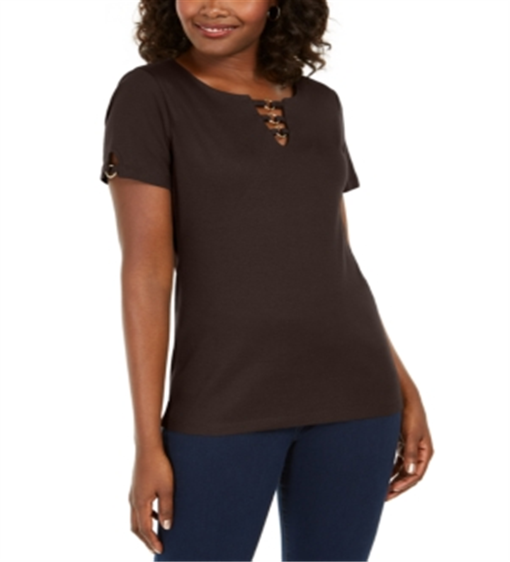 Karen Scott Women's Triple Ring Cutout Top Brown Size Medium