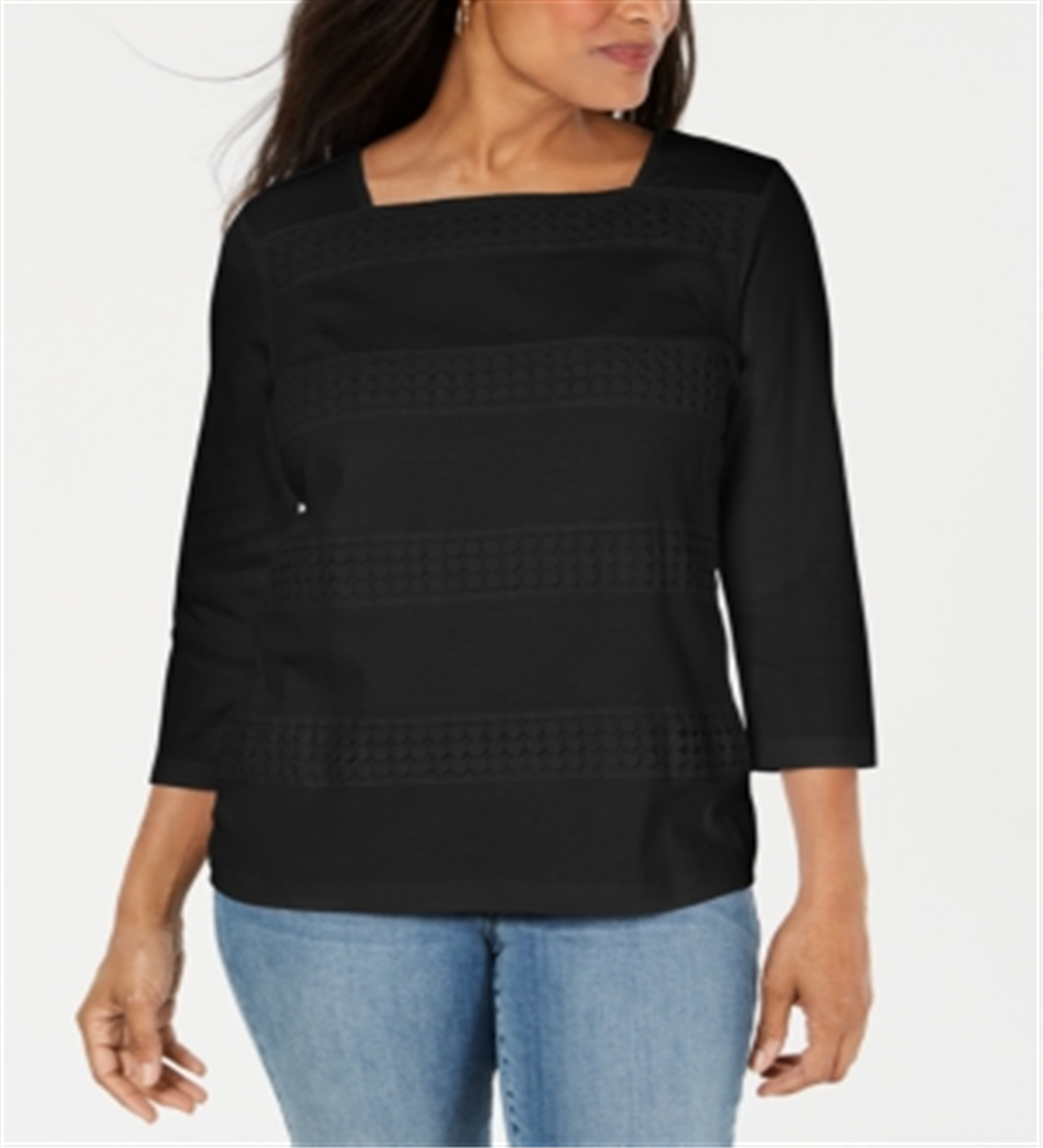 Karen Scott Women's Lace Square Neck 3/4 Sleeve Top Black Size Petite S/M