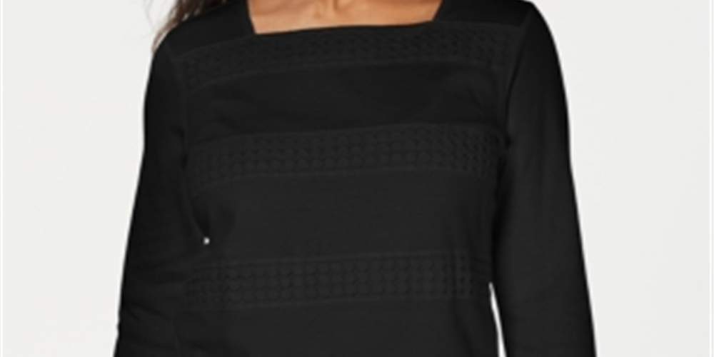 Karen Scott Women's Lace Square Neck 3/4 Sleeve Top Black Size Petite S/M