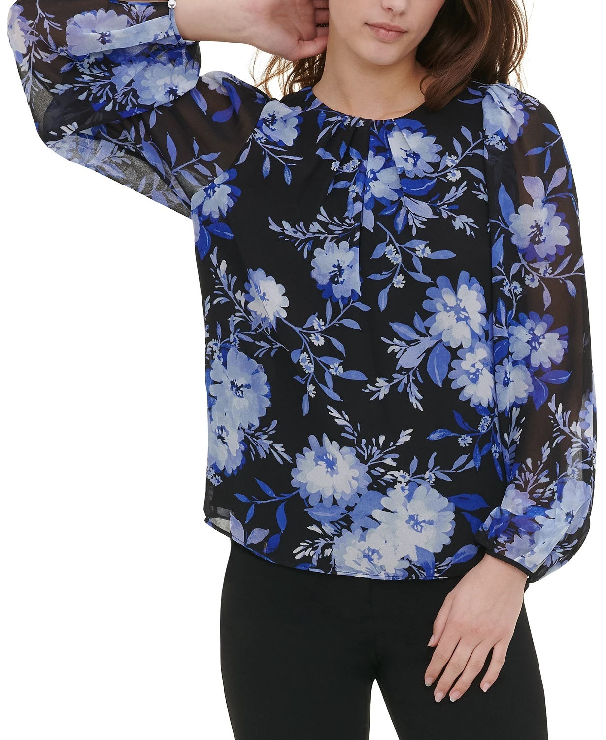 Calvin Klein Women's Floral Print Blouson Top Black Size Medium