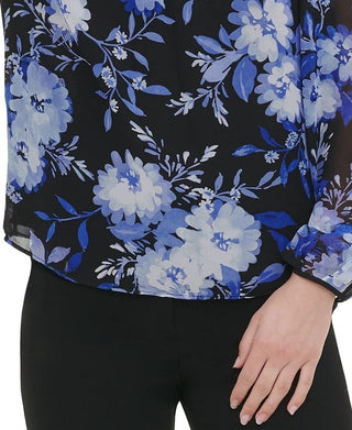 Calvin Klein Women's Floral Print Blouson Top Black Size Medium