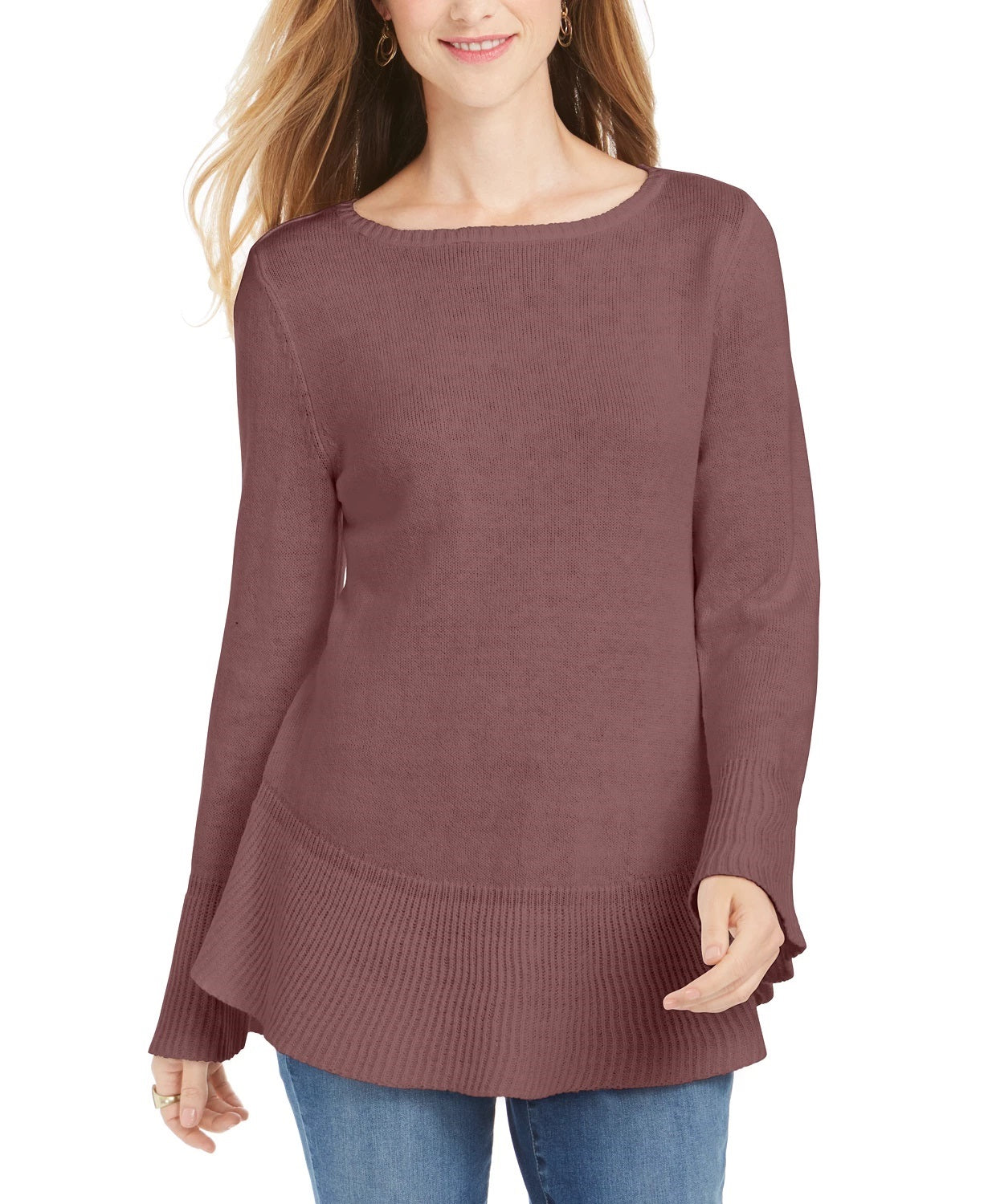 Style & Co Women's Ribbed Patterned Long Sleeve Jewel Neck Blouse Sweater Purple Size Petite Large