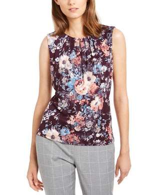 Calvin Klein Women's Floral Printed Pleated Neck Top Purple Size Small
