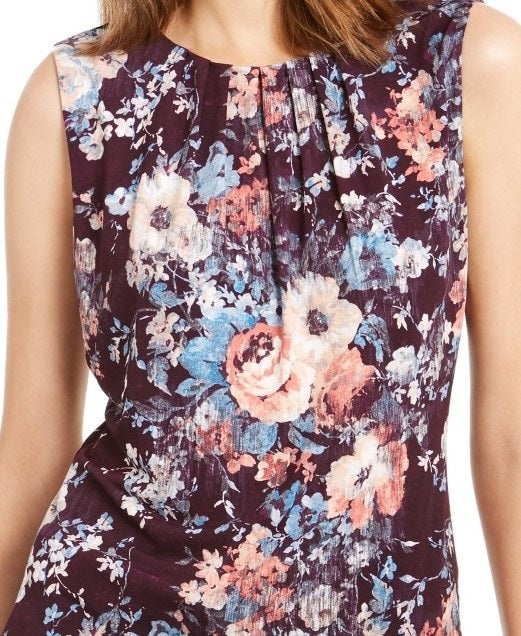 Calvin Klein Women's Floral Printed Pleated Neck Top Purple Size Small