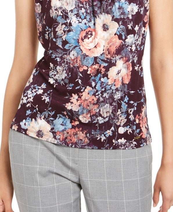 Calvin Klein Women's Floral Printed Pleated Neck Top Purple Size Small