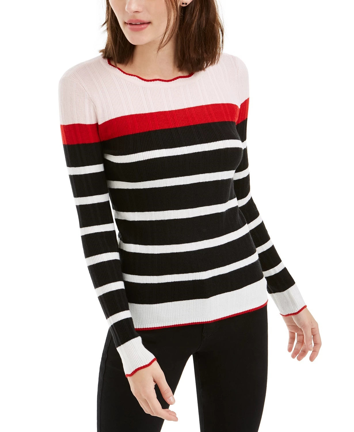 Maison Jules Women's Striped Long Sleeve Jewel Neck Sweater Red Size Medium