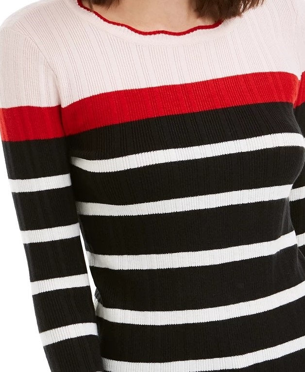 Maison Jules Women's Striped Long Sleeve Jewel Neck Sweater Red Size Medium