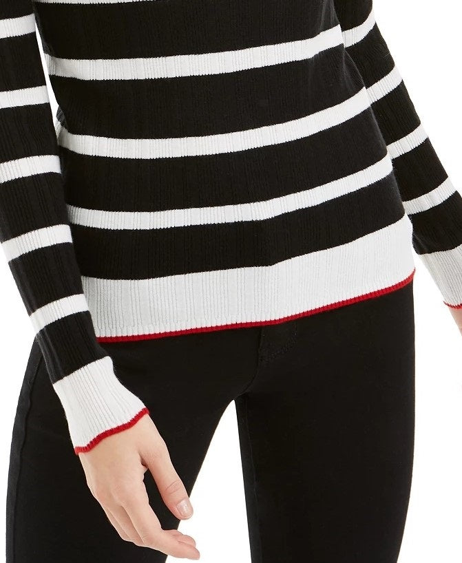 Maison Jules Women's Striped Long Sleeve Jewel Neck Sweater Red Size Medium