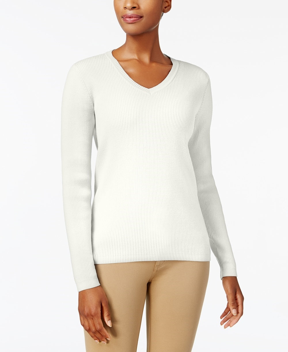 Karen Scott Women's Ribbed Knit Cotton Sweater  White Size Petite Large