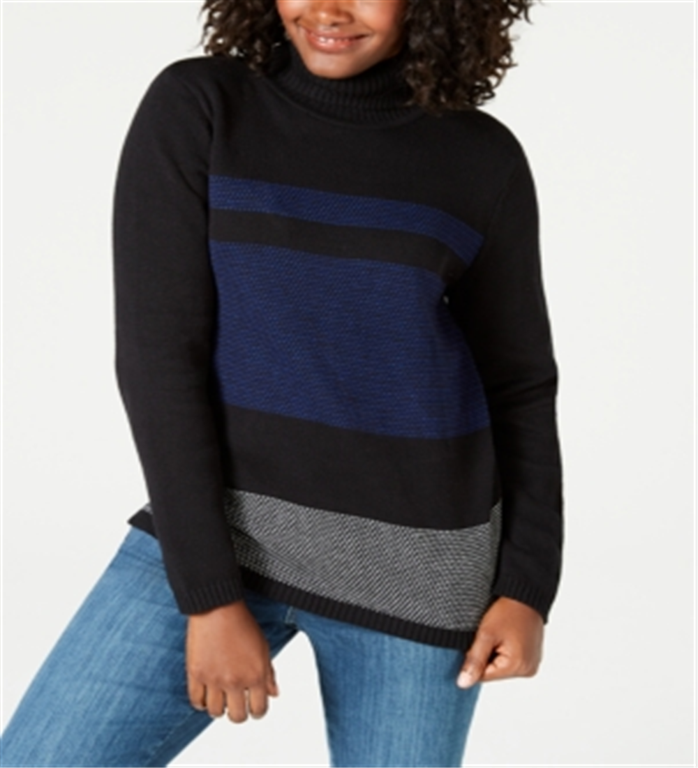 Karen Scott Women's Colorblocked Cotton Turtleneck Sweater Blue-Black Size Petite XL