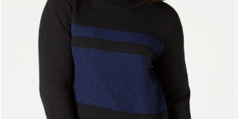 Karen Scott Women's Colorblocked Cotton Turtleneck Sweater Blue-Black Size Petite XL