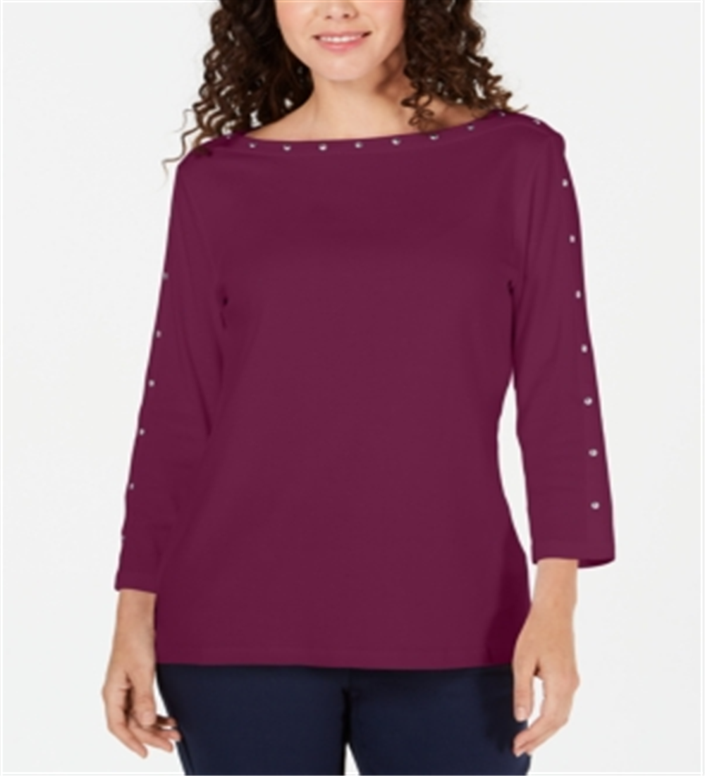 Karen Scott Women's Studded Boat Neck Cotton Top Purple Size -Petite S/M