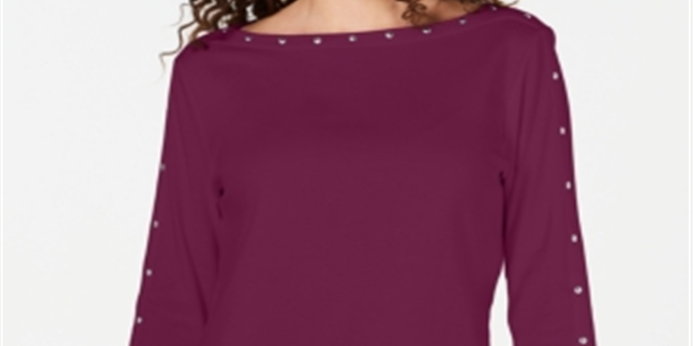 Karen Scott Women's Studded Boat Neck Cotton Top Purple Size -Petite S/M
