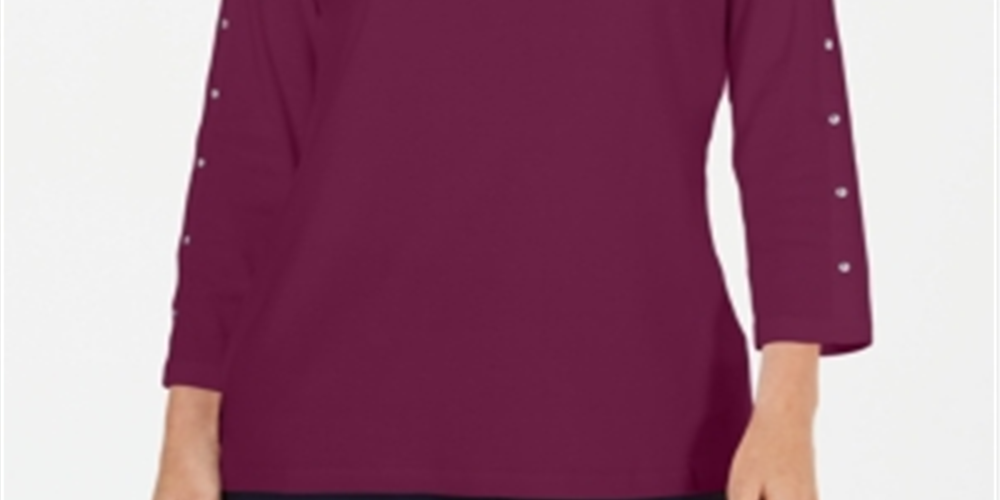 Karen Scott Women's Studded Boat Neck Cotton Top Purple Size -Petite S/M