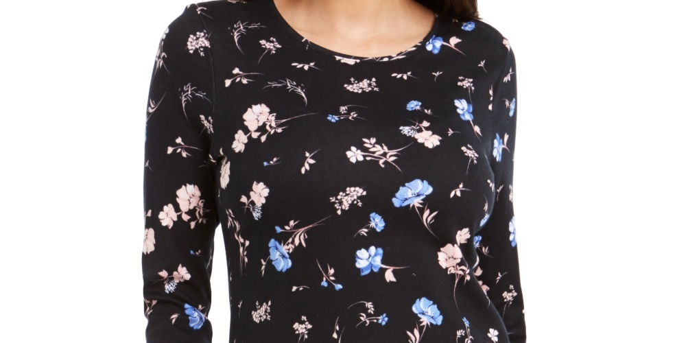Charter Club Women's Pima Cotton Ditsy Print Top  Black Size X-Large
