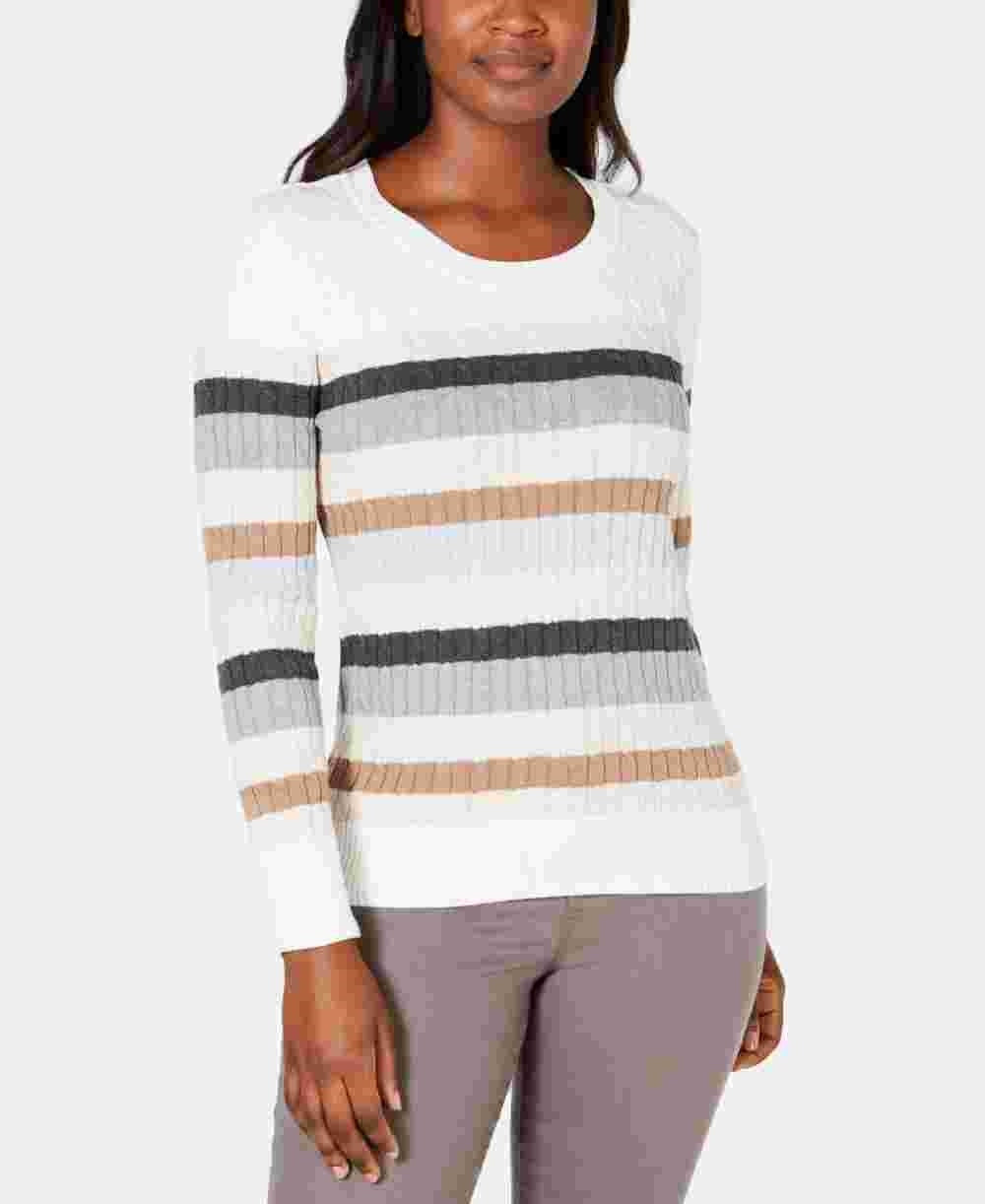 Karen Scott Women's Holly Striped Cotton Cable Sweater Beige  Muti Size X-Large