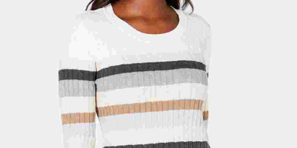 Karen Scott Women's Holly Striped Cotton Cable Sweater Beige  Muti Size X-Large