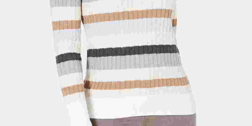 Karen Scott Women's Holly Striped Cotton Cable Sweater Beige  Muti Size X-Large