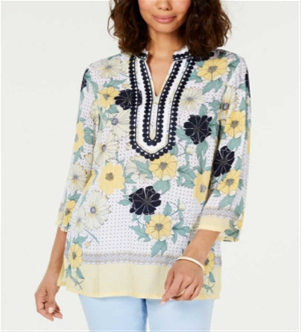 Charter Club Women's Embroidered Printed Tunic Yellow Size Petite S/M