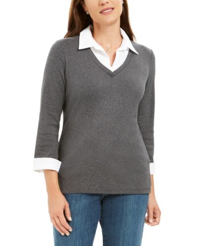 Karen Scott Women's Layered Look Cotton Top Charcoal Size Petite S