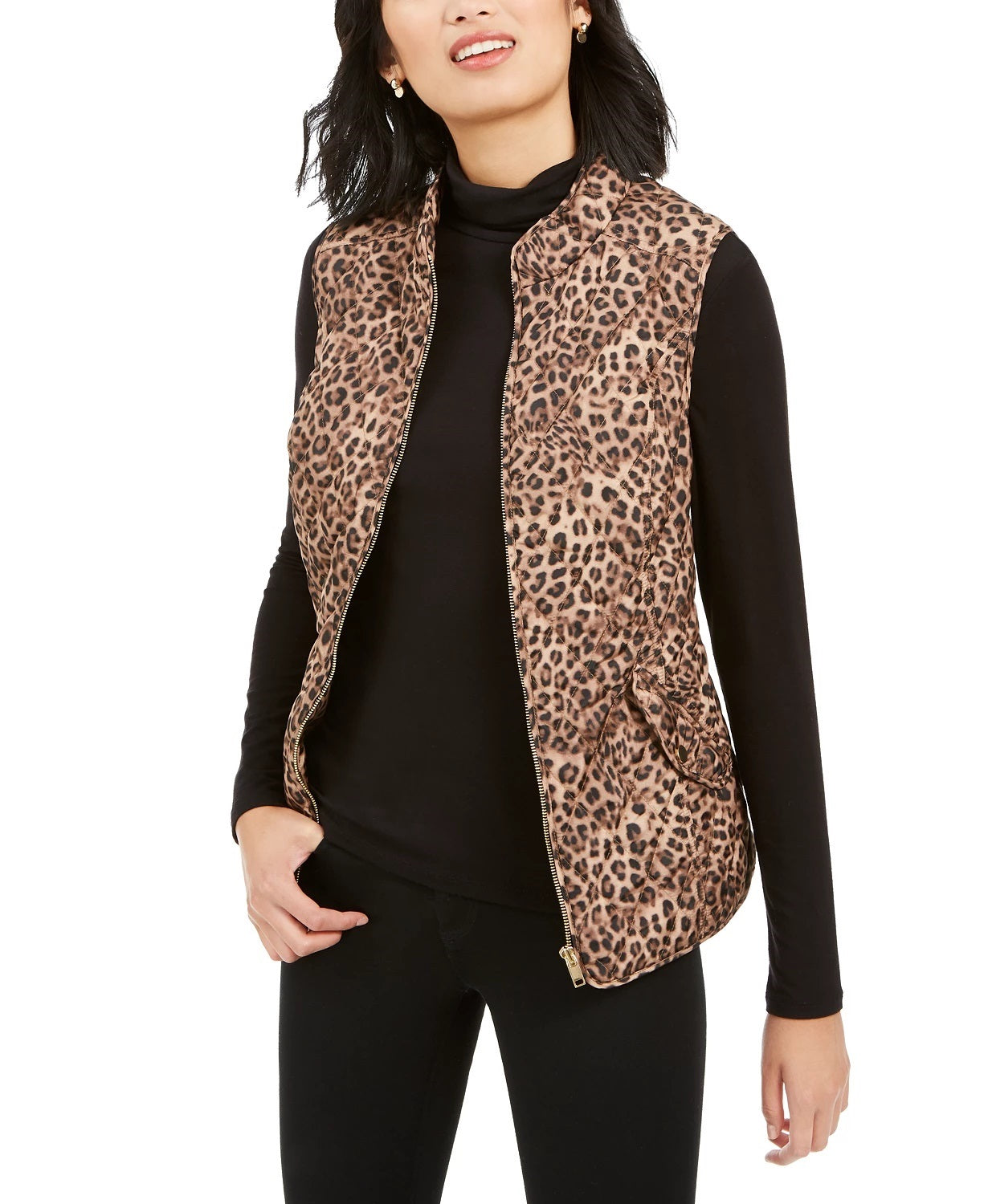 Charter Club Women's Printed Zip Front Vest Beige Size Petite Small