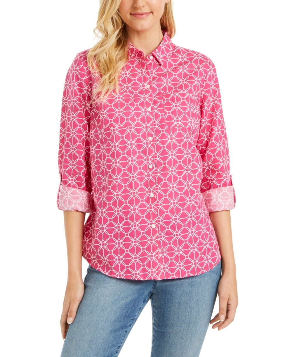 Charter Club Women's Printed Tab Sleeve Shirt Pink Size X-Large