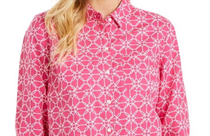 Charter Club Women's Printed Tab Sleeve Shirt Pink Size X-Large