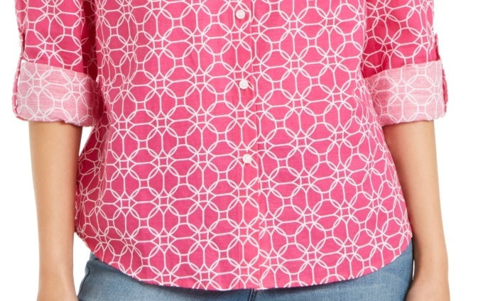 Charter Club Women's Printed Tab Sleeve Shirt Pink Size X-Large