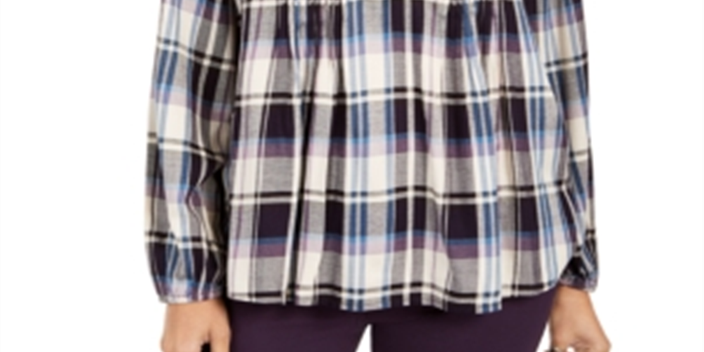 Style & Co Women's Plaid Split Neck Top Purple Size Large