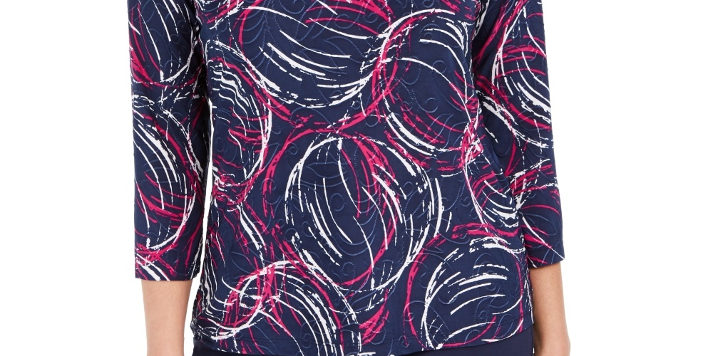 JM Collection Women's 3/4 Sleeve Jacquard T-Shirt Blue Size XX-Large