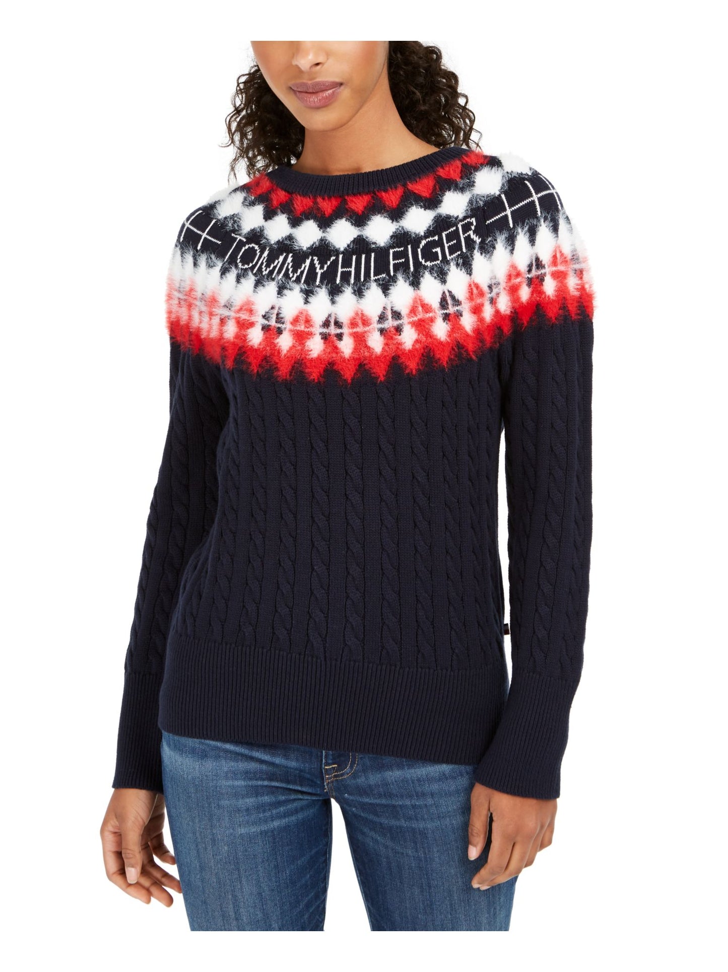Tommy Hilfiger Women's Printed Long Sleeve Jewel Neck Sweater Blue Size Medium