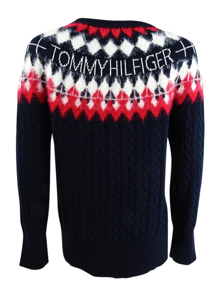 Tommy Hilfiger Women's Printed Long Sleeve Jewel Neck Sweater Blue Size Medium
