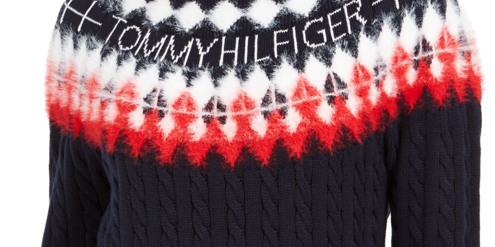 Tommy Hilfiger Women's Printed Long Sleeve Jewel Neck Sweater Blue Size Medium