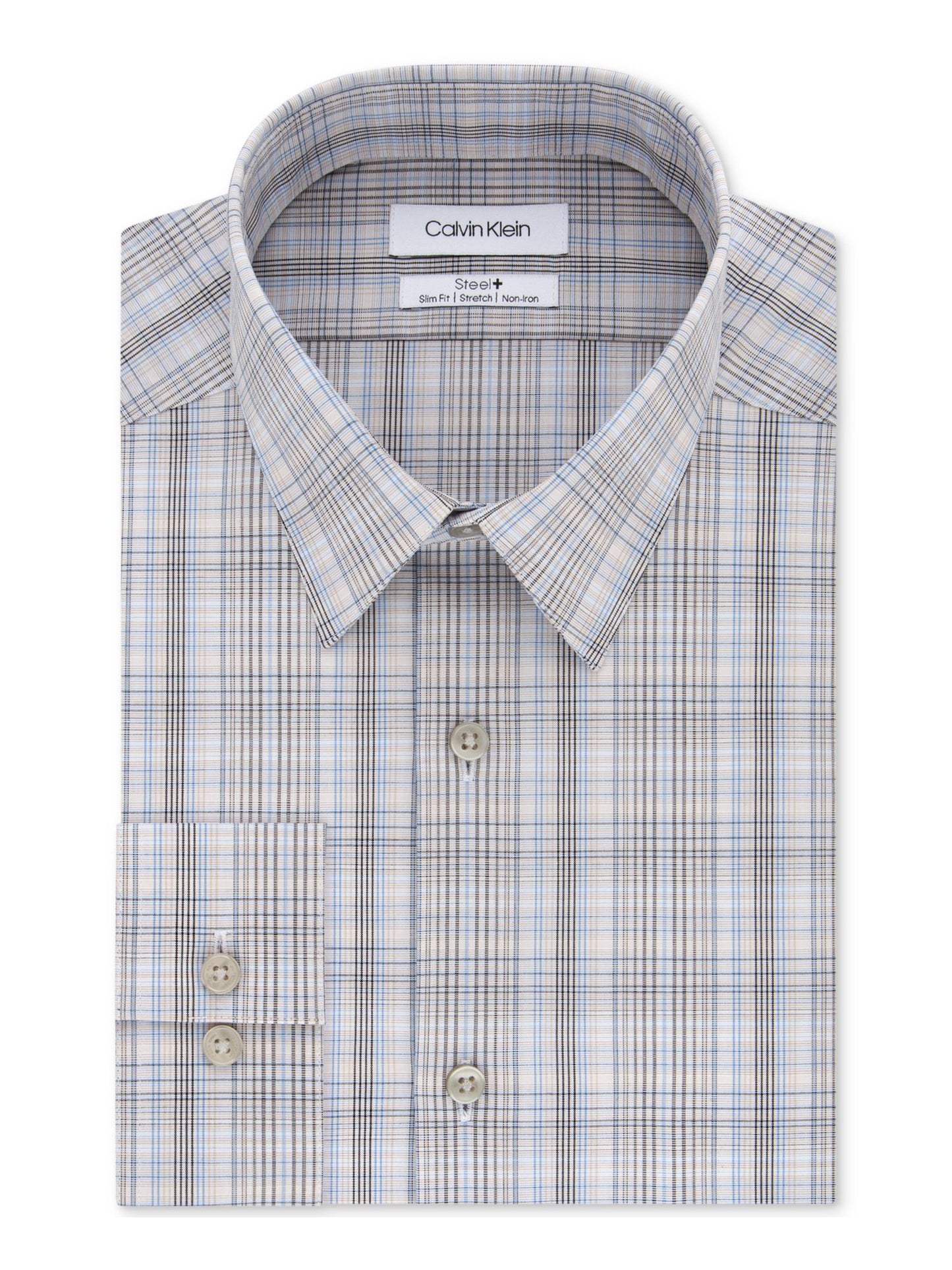 Calvin Klein Men's Plaid Dress Shirt Semi Fitted Brown Size 36-37