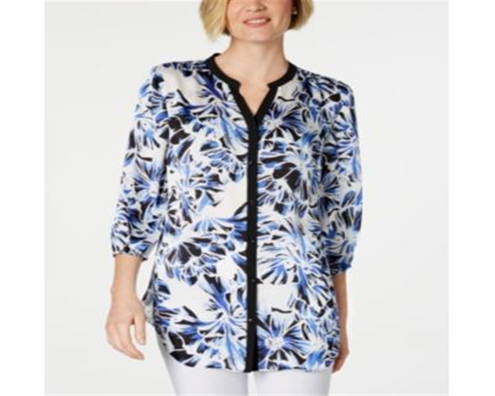 JM Collection Women's Printed & Solid Blouse Blue Size Petite XL