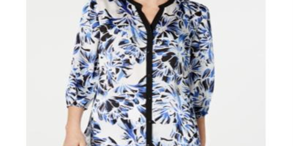 JM Collection Women's Printed & Solid Blouse Blue Size Petite XL