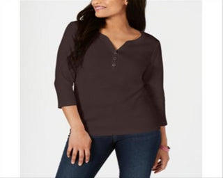 Karen Scott Women's Cotton Henley Top Chocolate Size X-Large