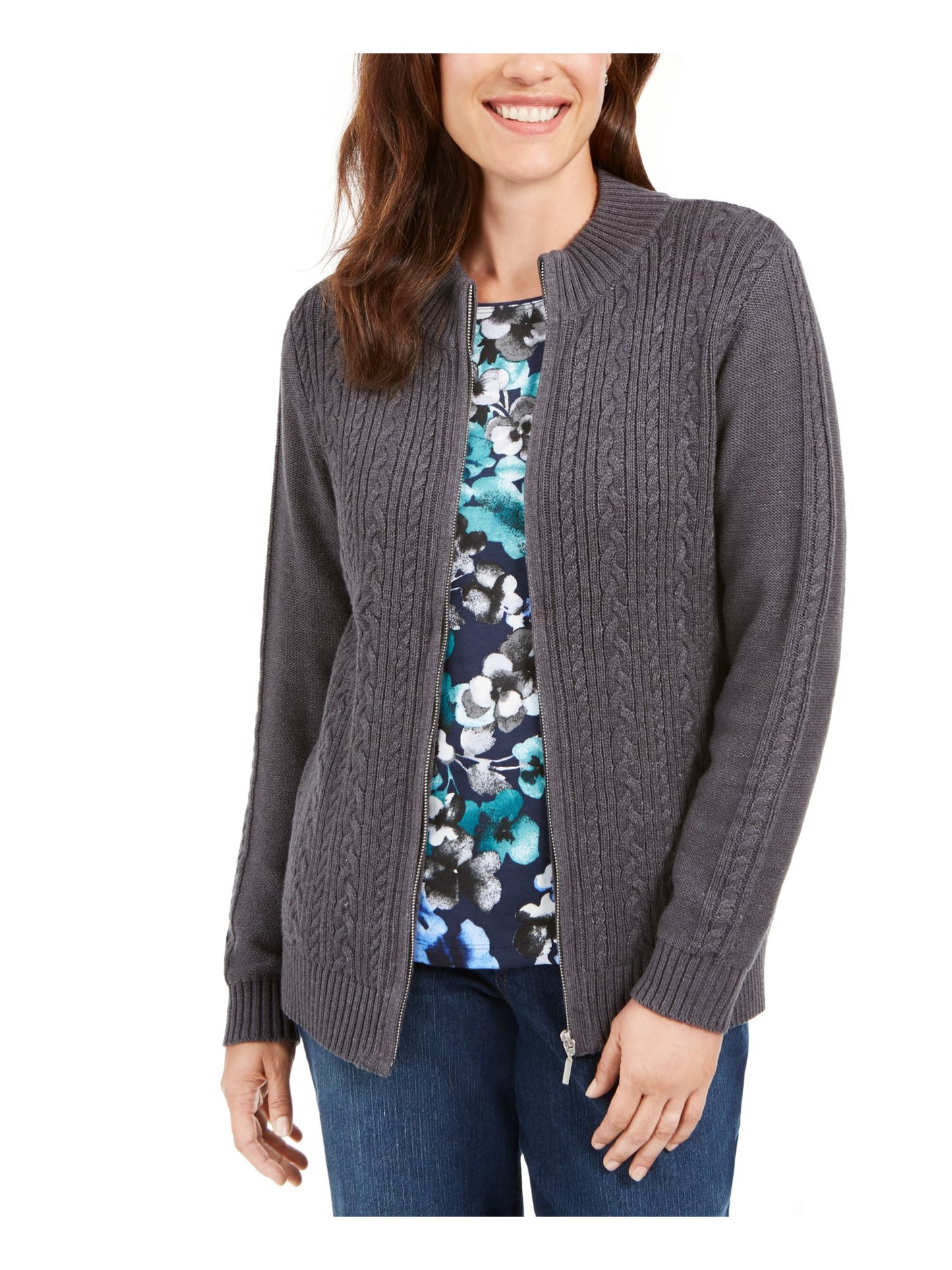 Karen Scott Women's Cable Knit Zip Front Sweater Charcoal Size Petite S