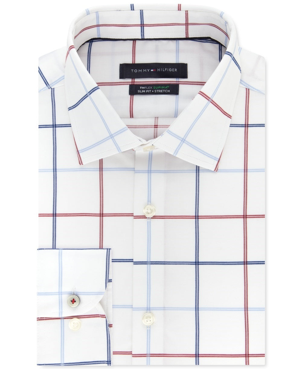 Tommy Hilfiger Men's Slim Fit Check Dress Shirt Red Size 14.5X32-33