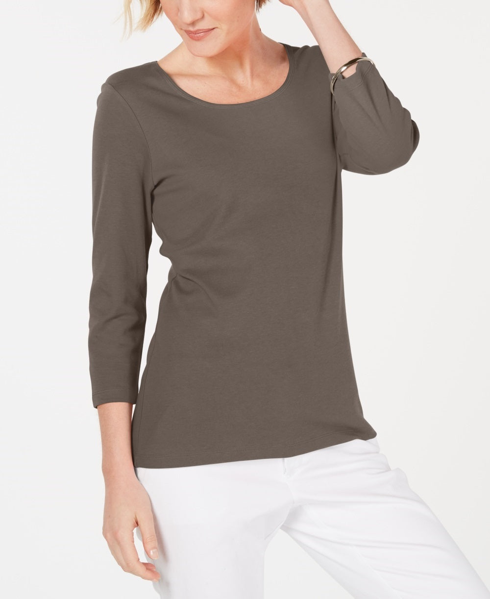 Karen Scott Women's Cotton 3/4 Sleeve Top Beige Size Medium