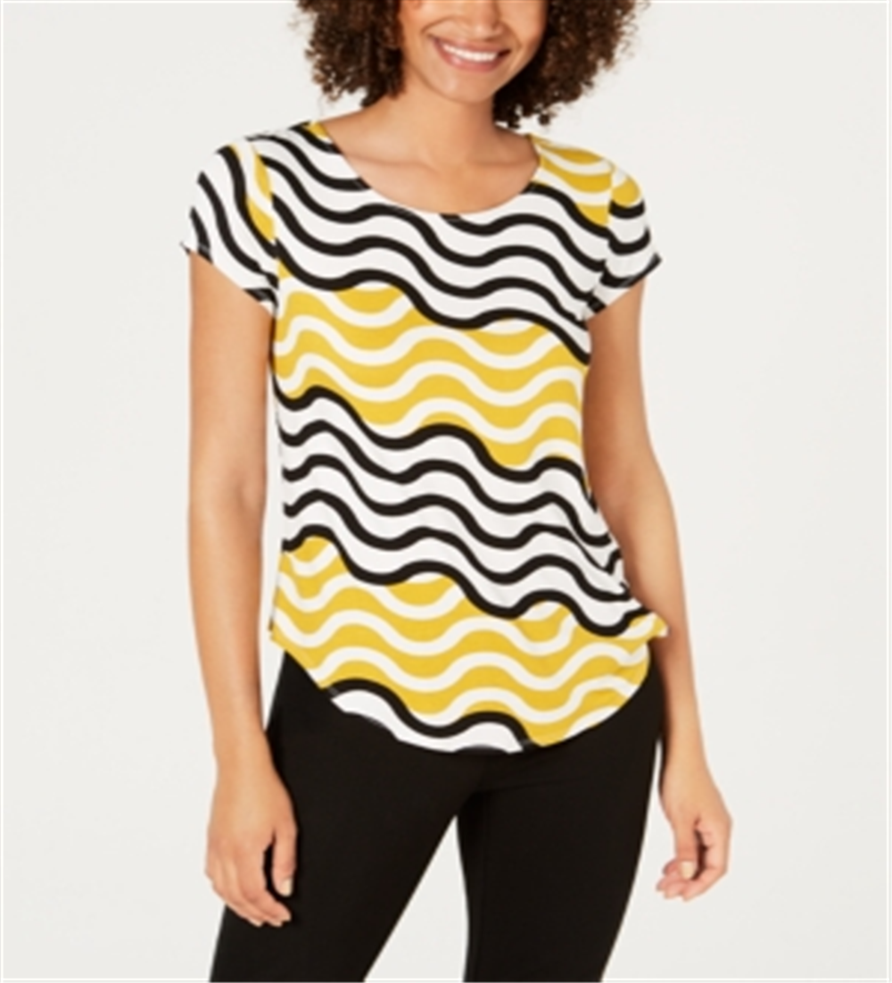 Alfani Women's Wave Print Top Yellow Multi Size Petite L
