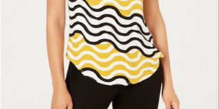 Alfani Women's Wave Print Top Yellow Multi Size Petite L
