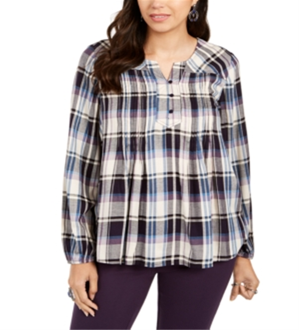 Style & Co Women's Plaid Split Neck Top Gray Multi  Size Medium