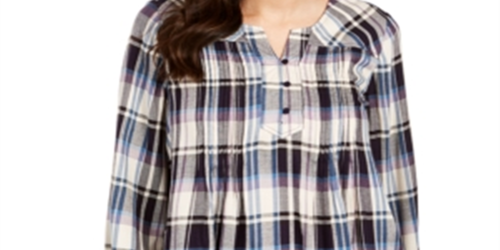 Style & Co Women's Plaid Split Neck Top Gray Multi  Size Medium
