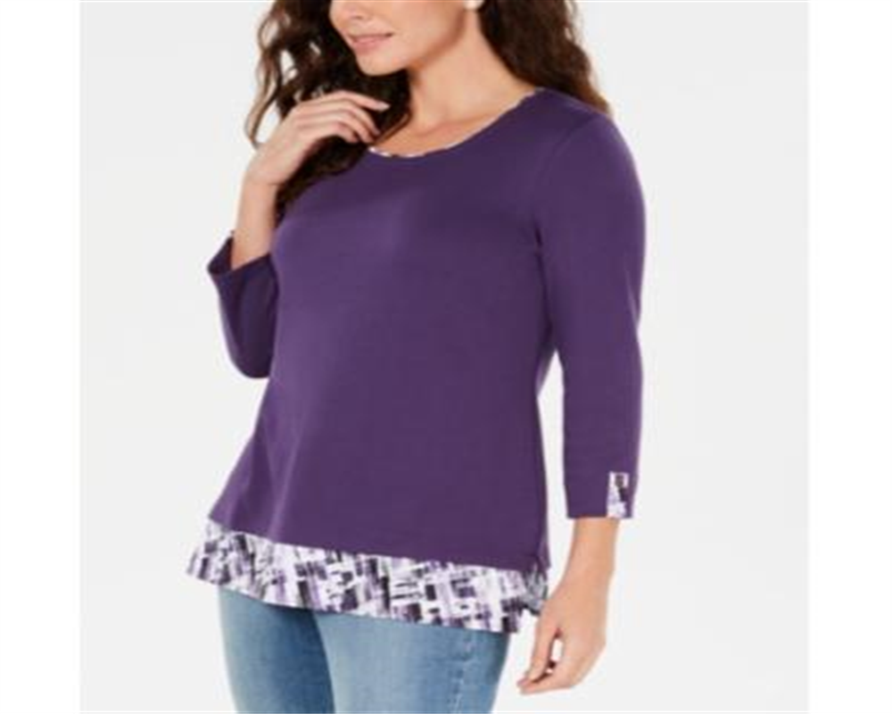 Karen Scott Women's Printed Trim Top Purple Size Petite S