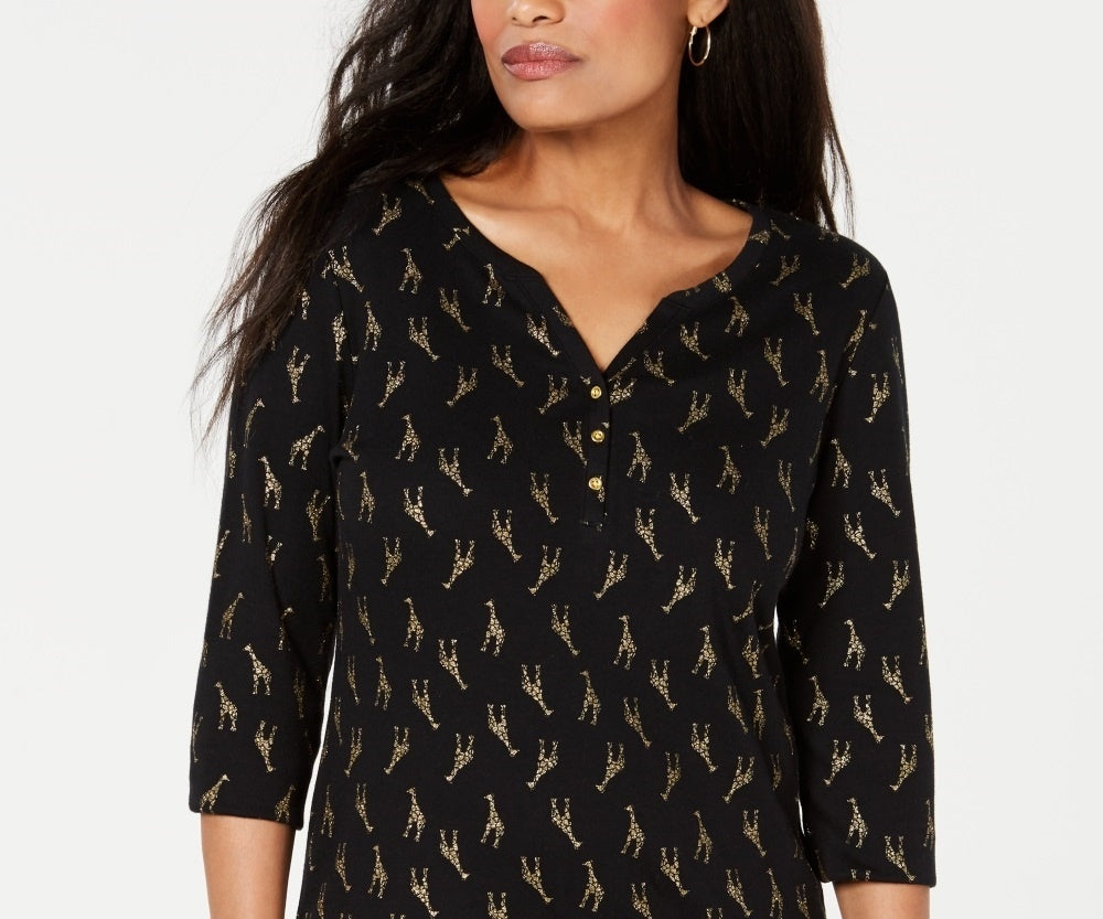 Karen Scott Women's Giraffe Print Henley Black Size Petite X-Large